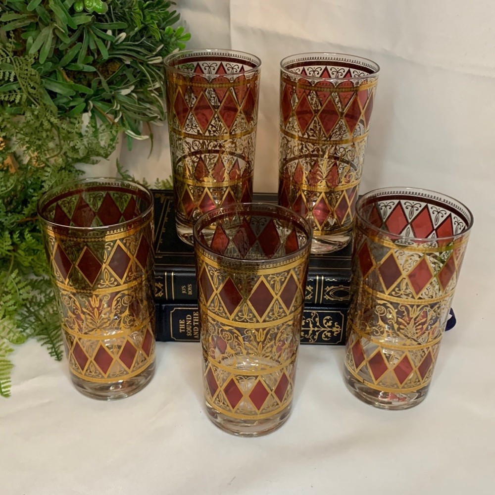Set of 5 vintage MCM cranberry & 22 karat gold trim tumblers